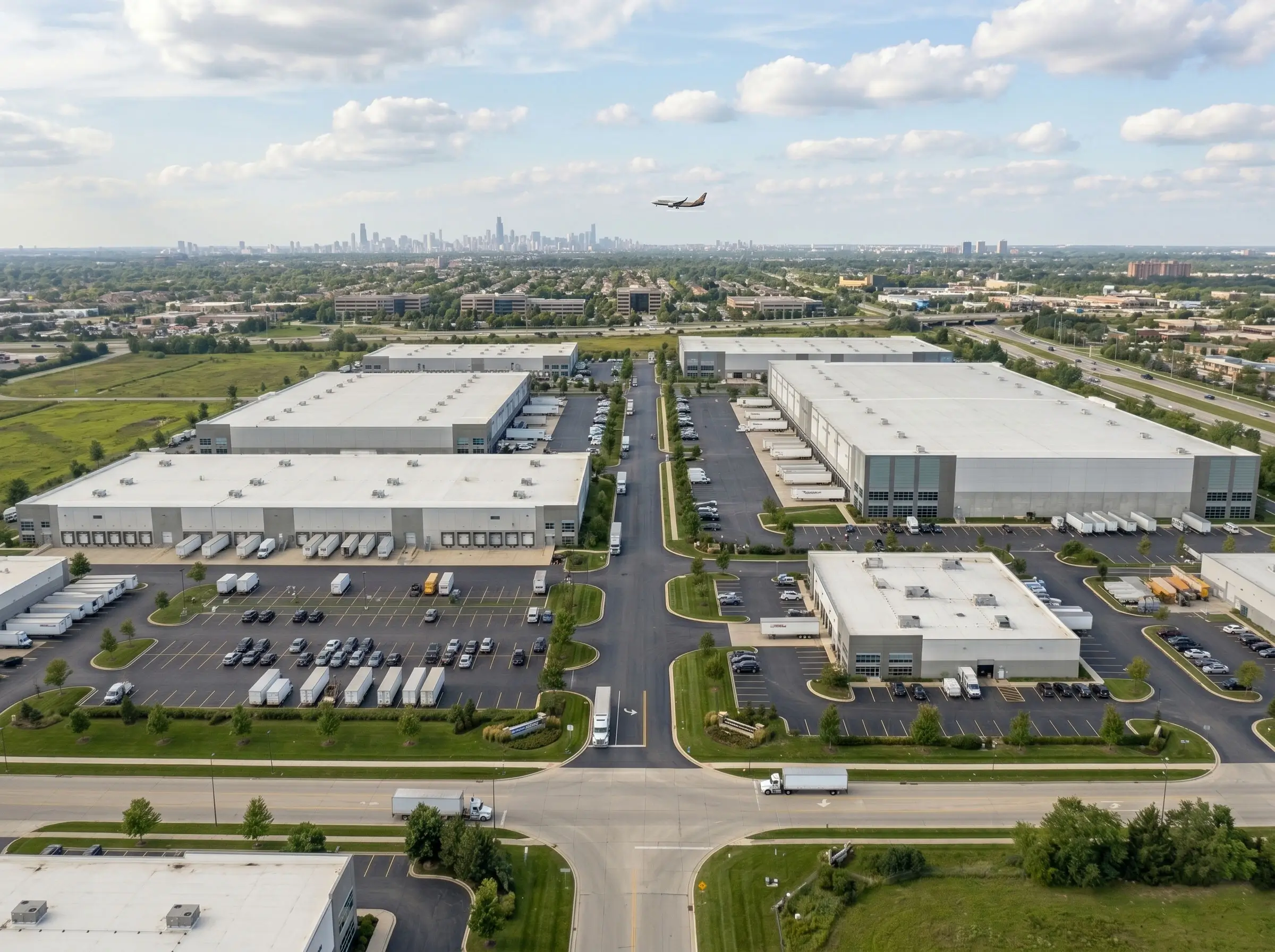 Elevated view of a modern Northbrook commercial warehouse facility featuring active loading docks and semi-trucks, with the downtown city skyline in the background. Ideal for industrial real estate investment.