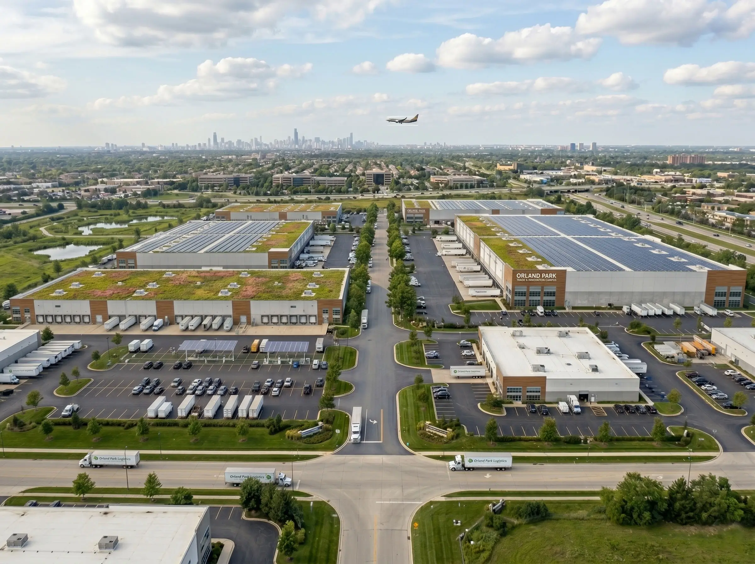 Aerial perspective of an industrial distribution center in Orland Park with multiple loading bays, fleet parking, and a distant urban skyline, showcasing prime commercial property.