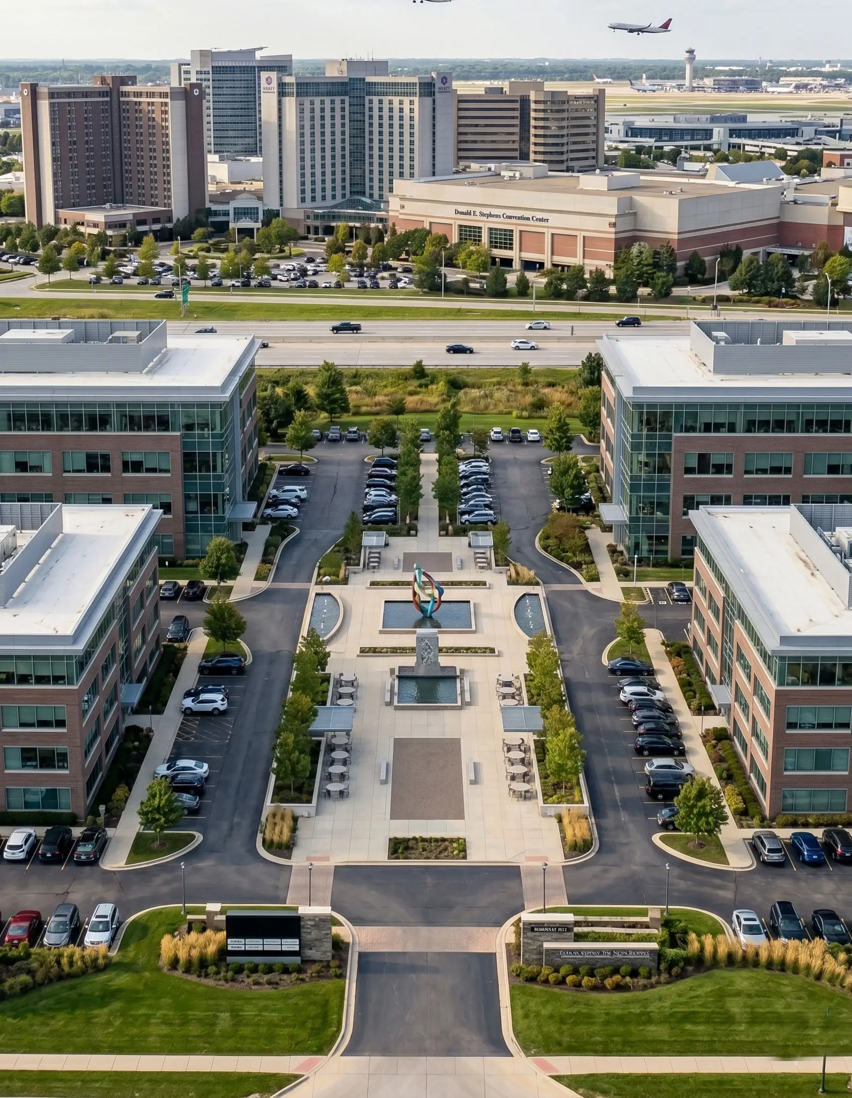 High-angle view of a premium logistics facility and warehouse in Rosemont, highlighting active supply chain infrastructure and proximity to the city center.