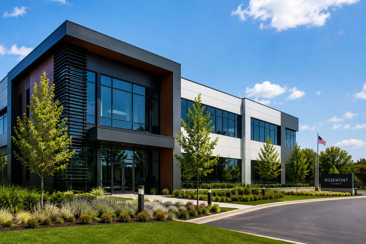 A modern mixed-use multi-family property corner in Rosemont with ground-level retail store fronts and upper-level residential apartments with balconies.