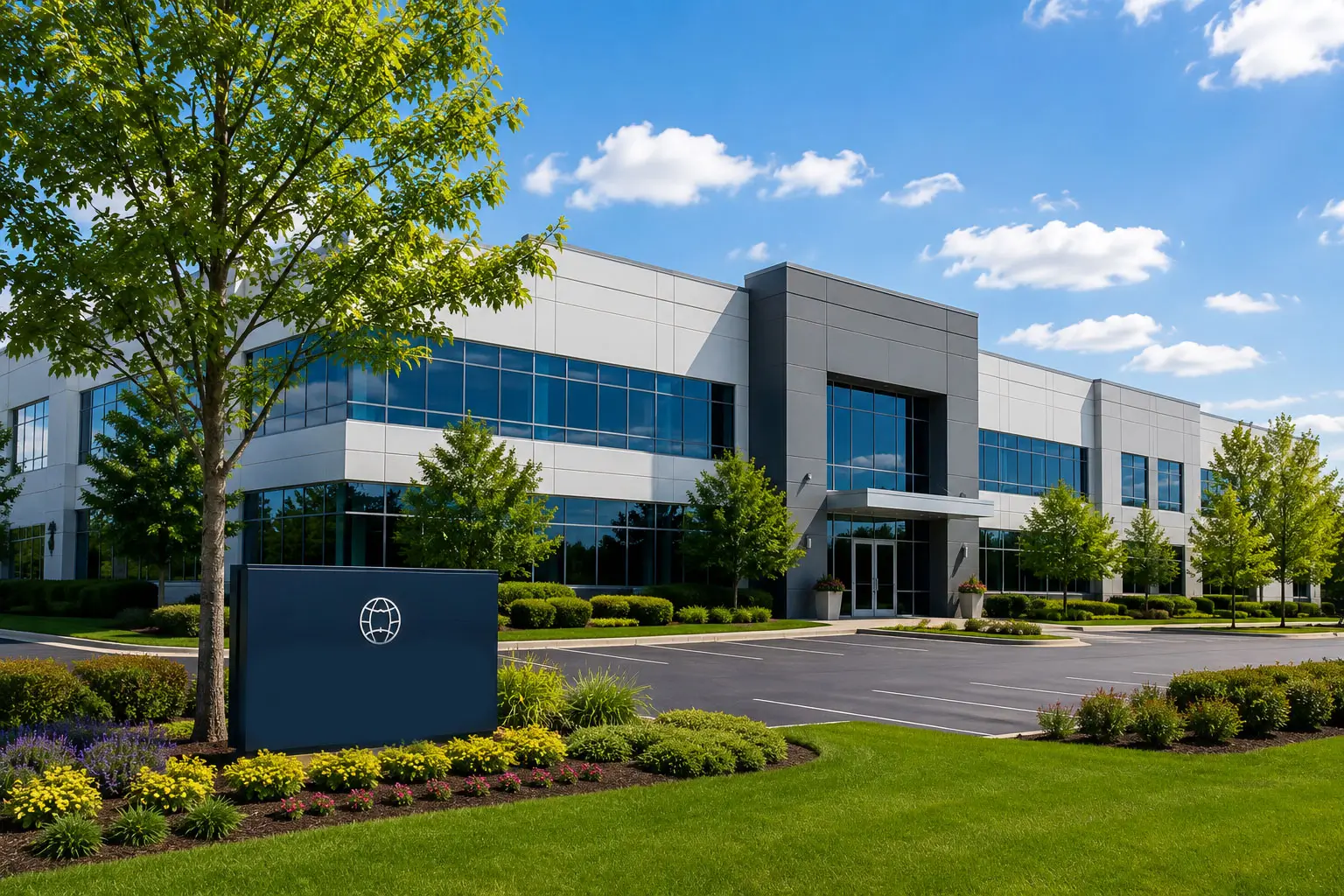 High-angle view of a premium logistics facility and warehouse in Schaumburg, highlighting active supply chain infrastructure and proximity to the city center.