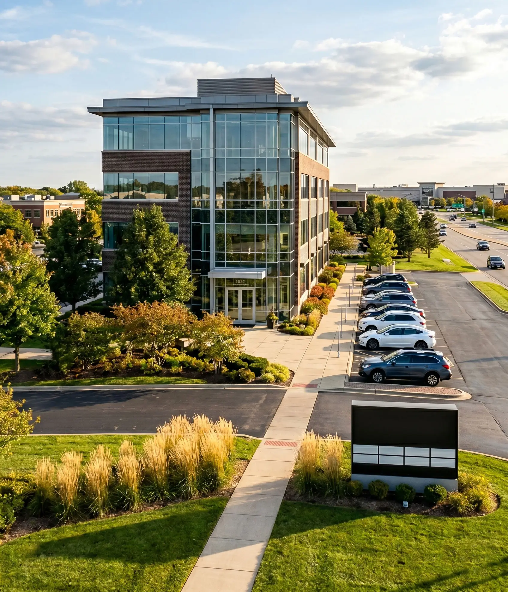A modern mixed-use multi-family property corner in Schaumburg with ground-level retail store fronts and upper-level residential apartments with balconies.