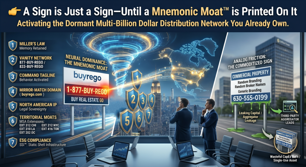 Executive boardroom visualization comparing wasteful analog commercial real estate signage with the buyrego Mnemonic Moat, illustrating the seven layers of cognitive and territorial defense.