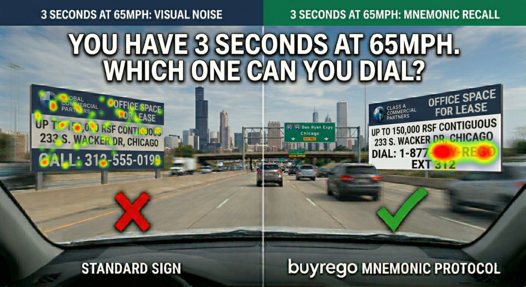 Side-by-side visual heat map analysis comparing a standard 10-digit commercial real estate sign against the buyrego mnemonic telecom matrix (877-BUY-REGO), demonstrating cognitive lead leakage and retention rates at 60 MPH transit speeds.