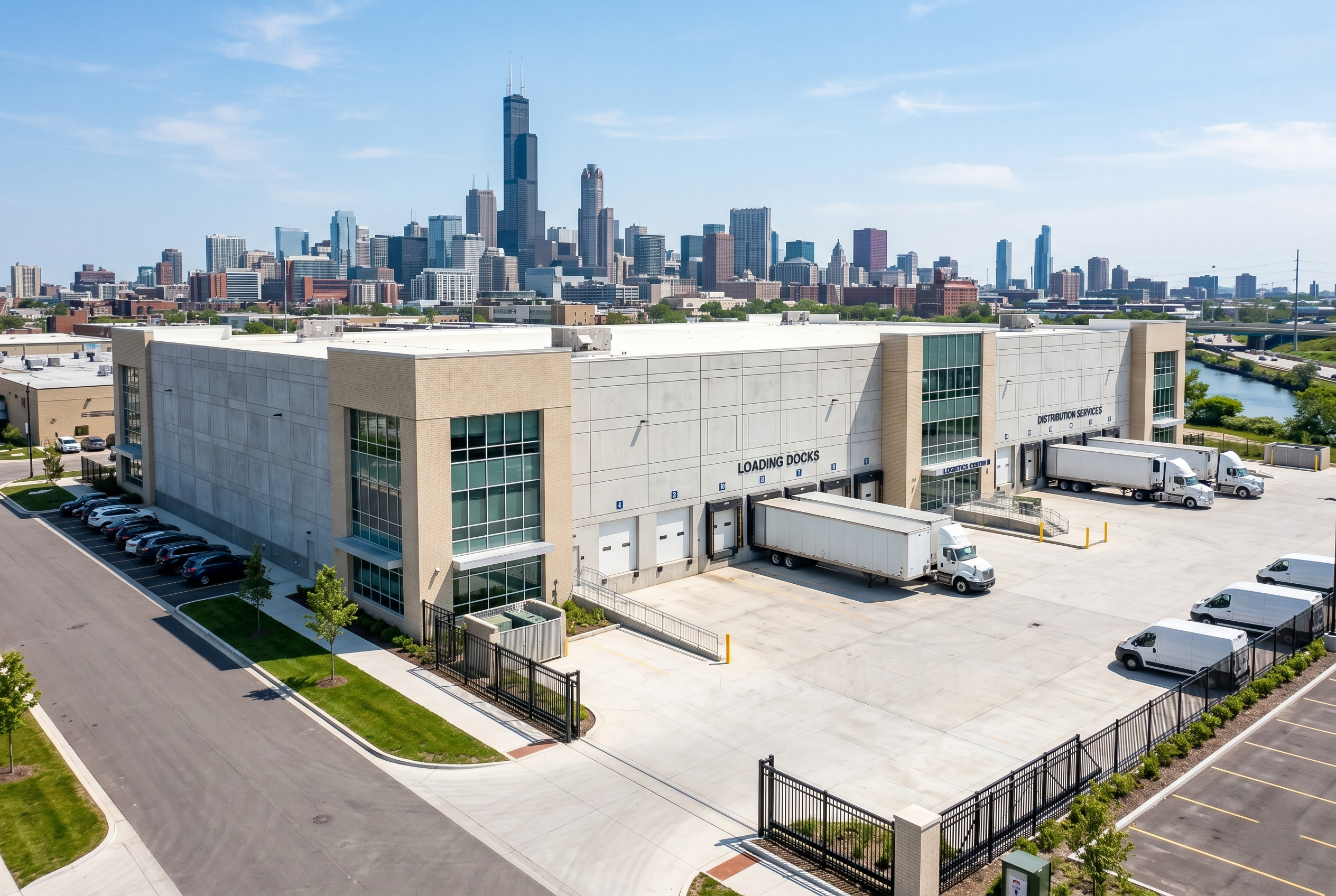 Elevated view of a modern Chicago commercial warehouse facility featuring active loading docks and semi-trucks, with the downtown city skyline in the background. Ideal for industrial real estate investment.