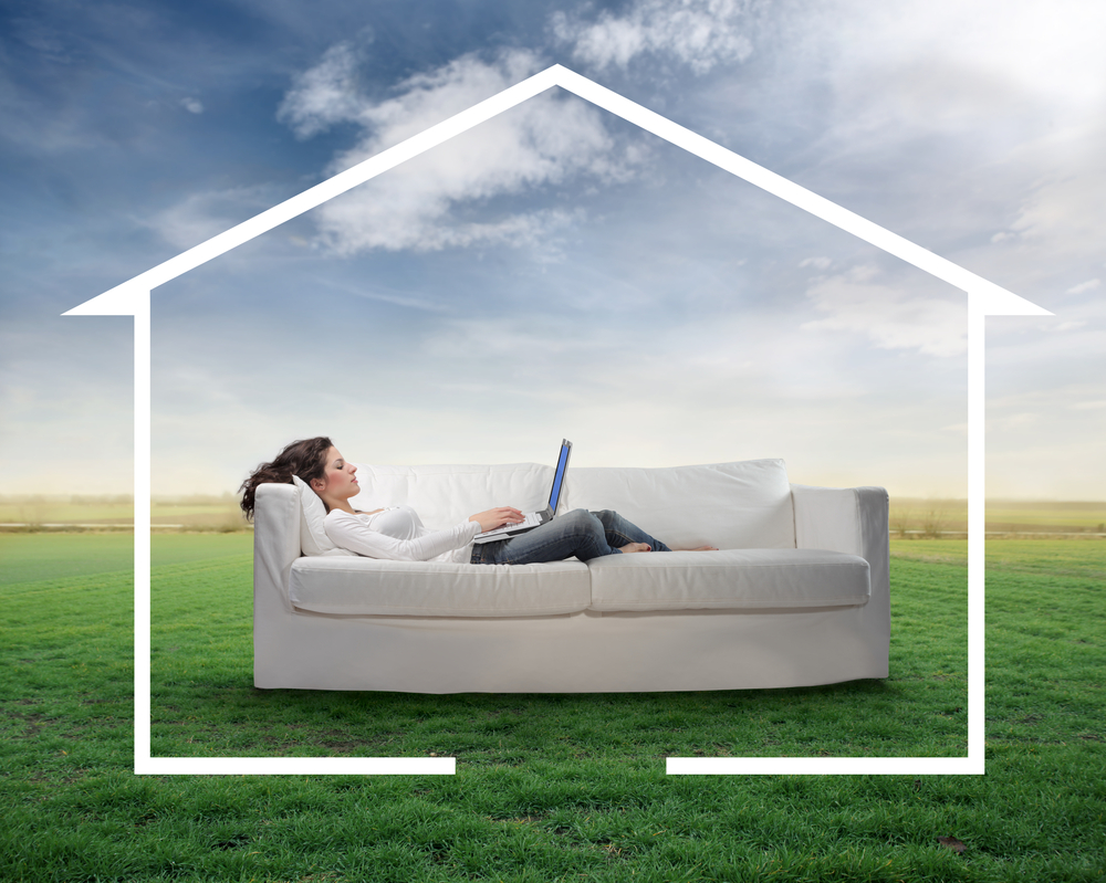 Illustration of a homeowner checking how much their home is worth using a buyrego® home value estimator.