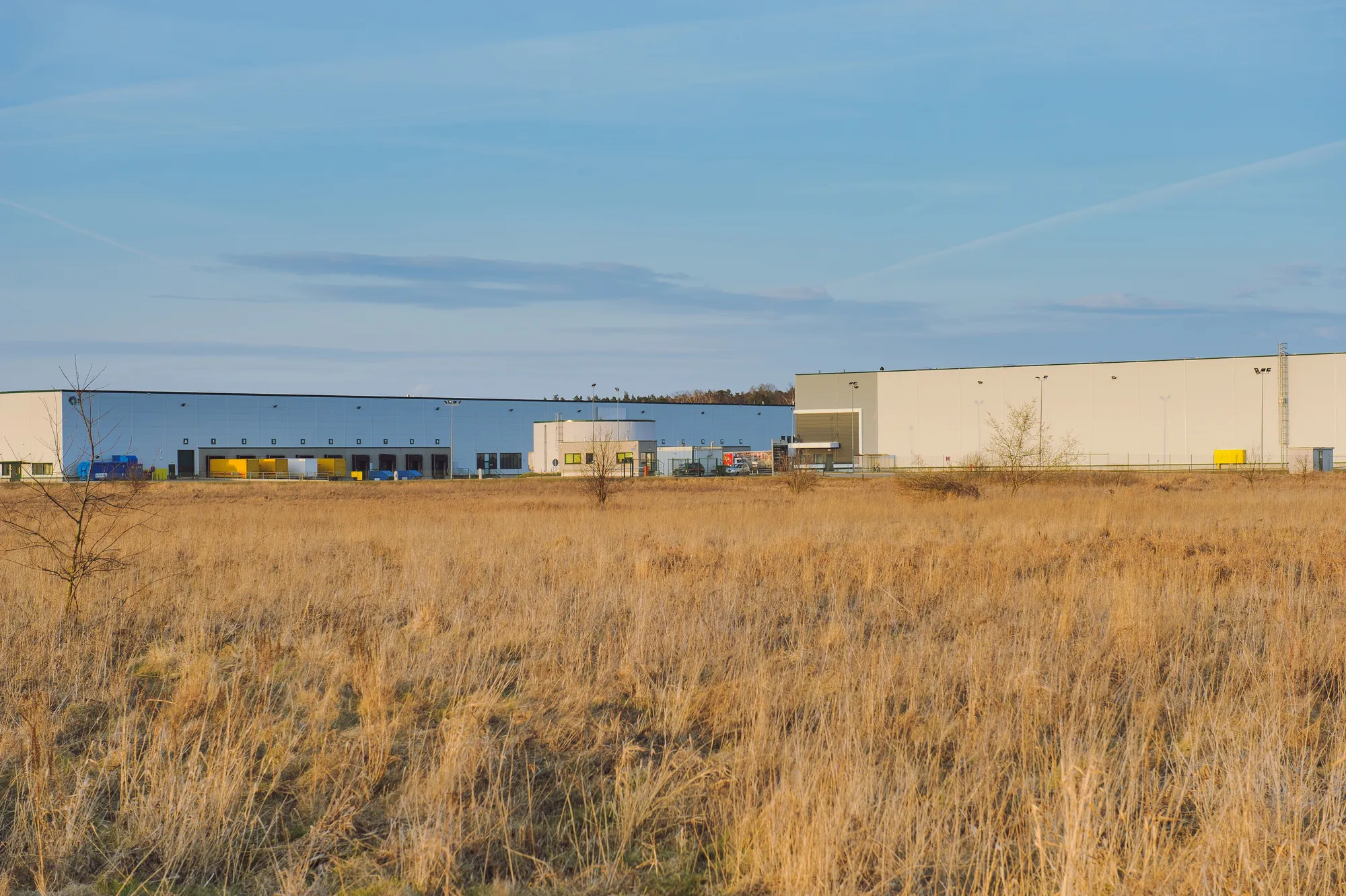 Wide field of dry wild grass and raw development land in the foreground with massive white e-commerce logistics distribution warehouses under a light blue sky in Des Plaines, IL