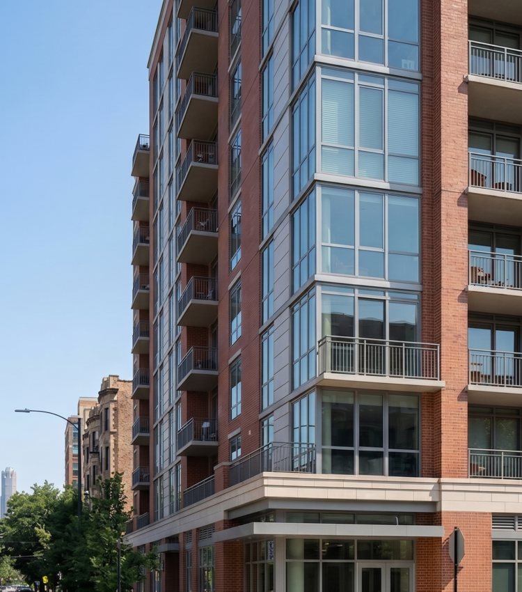 Exterior view of a modern multi-family commercial building corner in Chicago featuring apartment units with balconies, ground-floor retail space, and brick architecture under a clear blue sky.