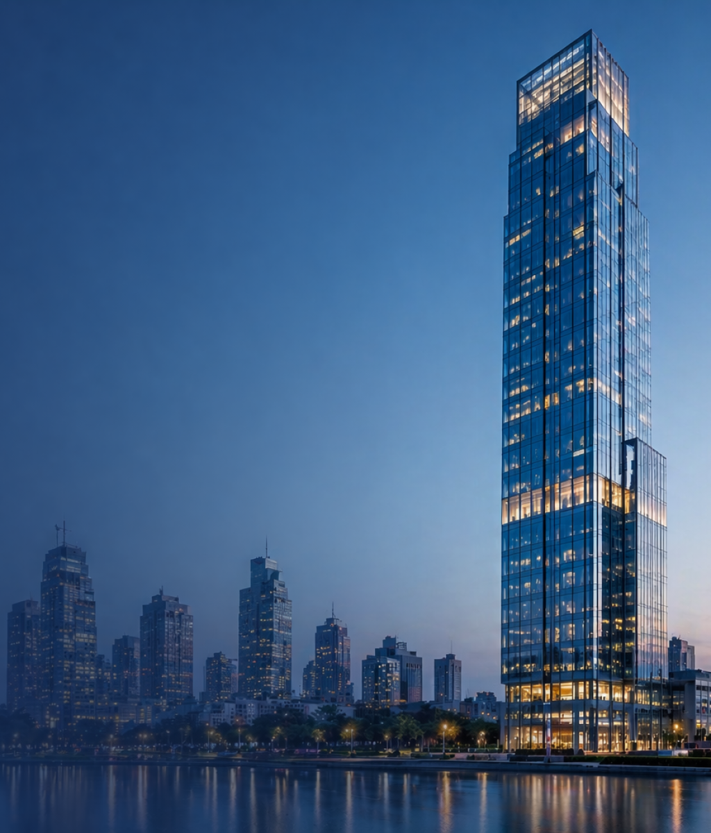 Exterior view of a towering 60-story commercial skyscraper situated directly on a waterfront, with a large lake in the foreground and a dense skyline of other high-rise buildings in the background.